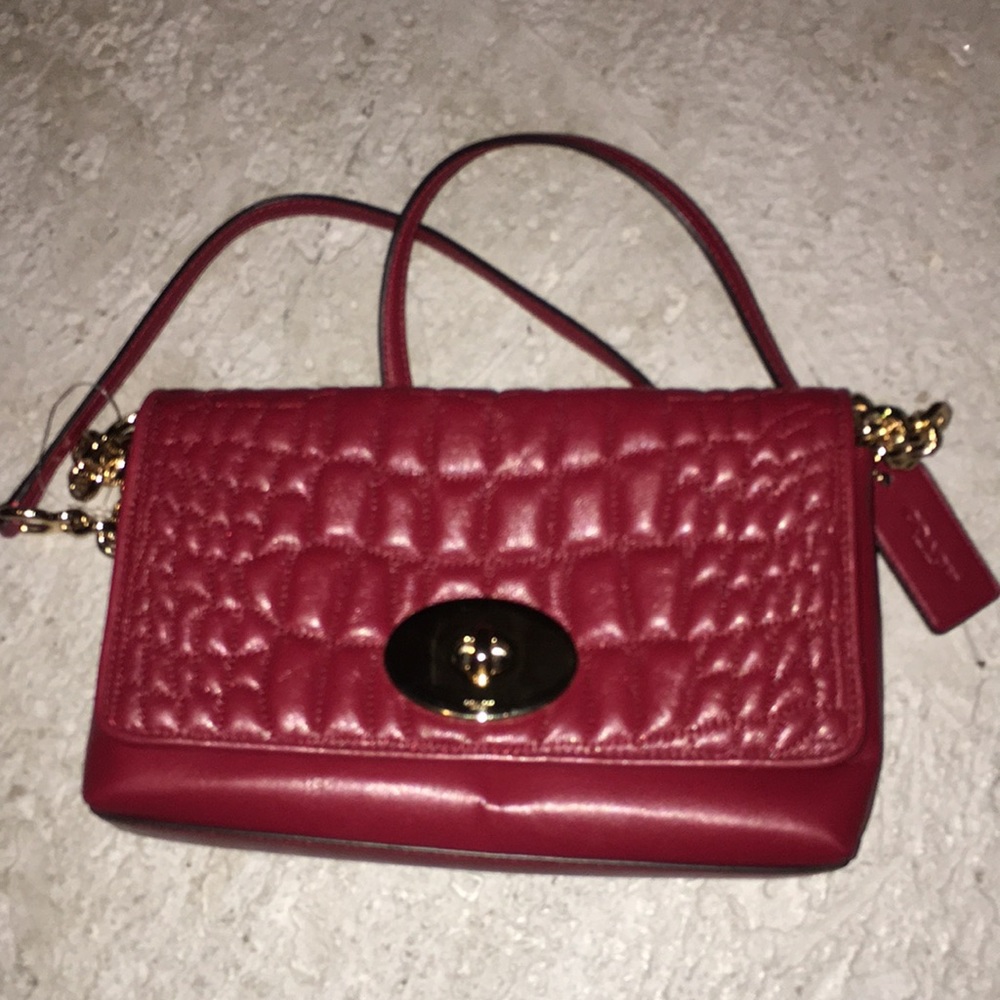 COACH Red/ Burgundy Soft Leather Quilted Croc Crossbody Bag/ Purse